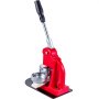 Máquina para hacer botones VEVOR de color rojo con mango negro y componentes metálicos sobre fondo blanco.