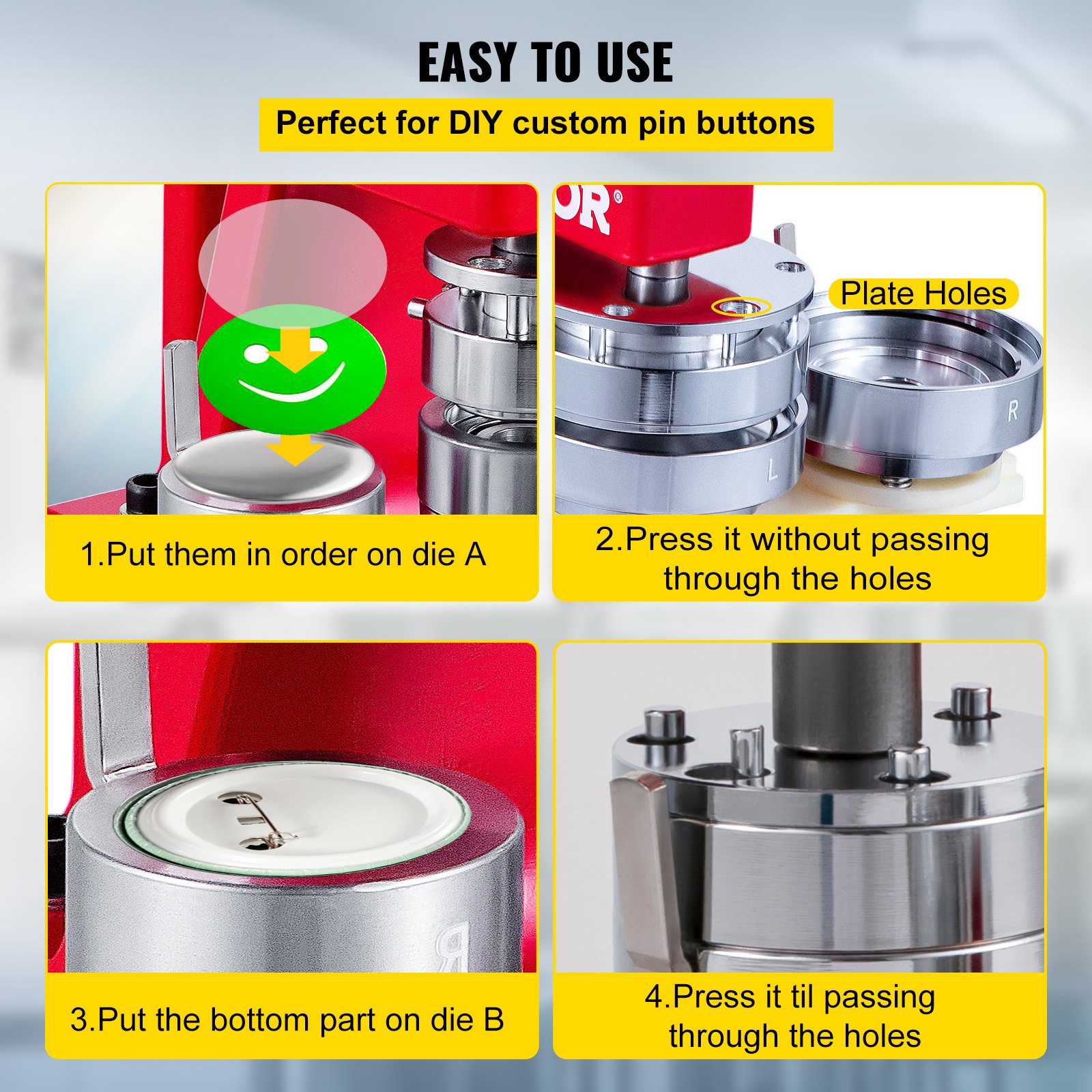 Pasos del creador de botones VEVOR para hacer botones de pin personalizados.