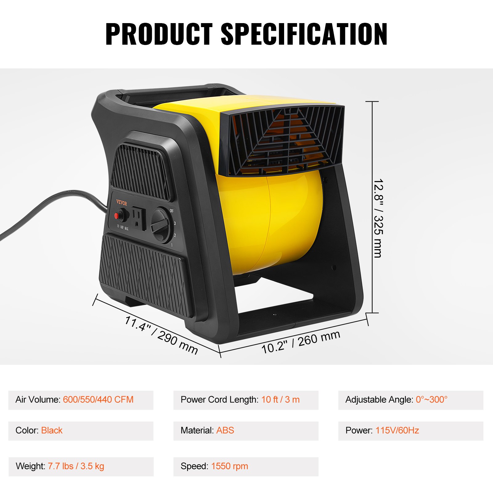 Ventilador utilitario giratorio VEVOR, soplador de piso de alta velocidad de 600 CFM para secar, enfriar, ventilar, agotar, motor de aire con ángulo de soplado de 300°, ventilador portátil para secador de alfombras para el hogar, taller