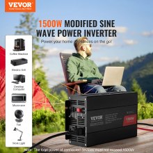 VEVOR Inversor de onda sinusoidal modificada, 1500 W, inversor de corriente CC 12 V a CA 120 V con 2 salidas CA 2 puertos USB 1 puerto tipo C 6 fusibles de repuesto, para dispositivos domésticos pequeños como teléfonos inteligentes portátiles, certificado CE FCC