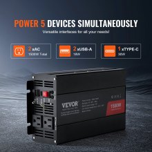 VEVOR Inversor de onda sinusoidal modificada, 1500 W, inversor de corriente CC 12 V a CA 120 V con 2 salidas CA 2 puertos USB 1 puerto tipo C 6 fusibles de repuesto, para dispositivos domésticos pequeños como teléfonos inteligentes portátiles, certificado CE FCC