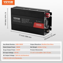 VEVOR Inversor de onda sinusoidal modificada, 1500 W, inversor de corriente CC 12 V a CA 120 V con 2 salidas CA 2 puertos USB 1 puerto tipo C 6 fusibles de repuesto, para dispositivos domésticos pequeños como teléfonos inteligentes portátiles, certificado CE FCC