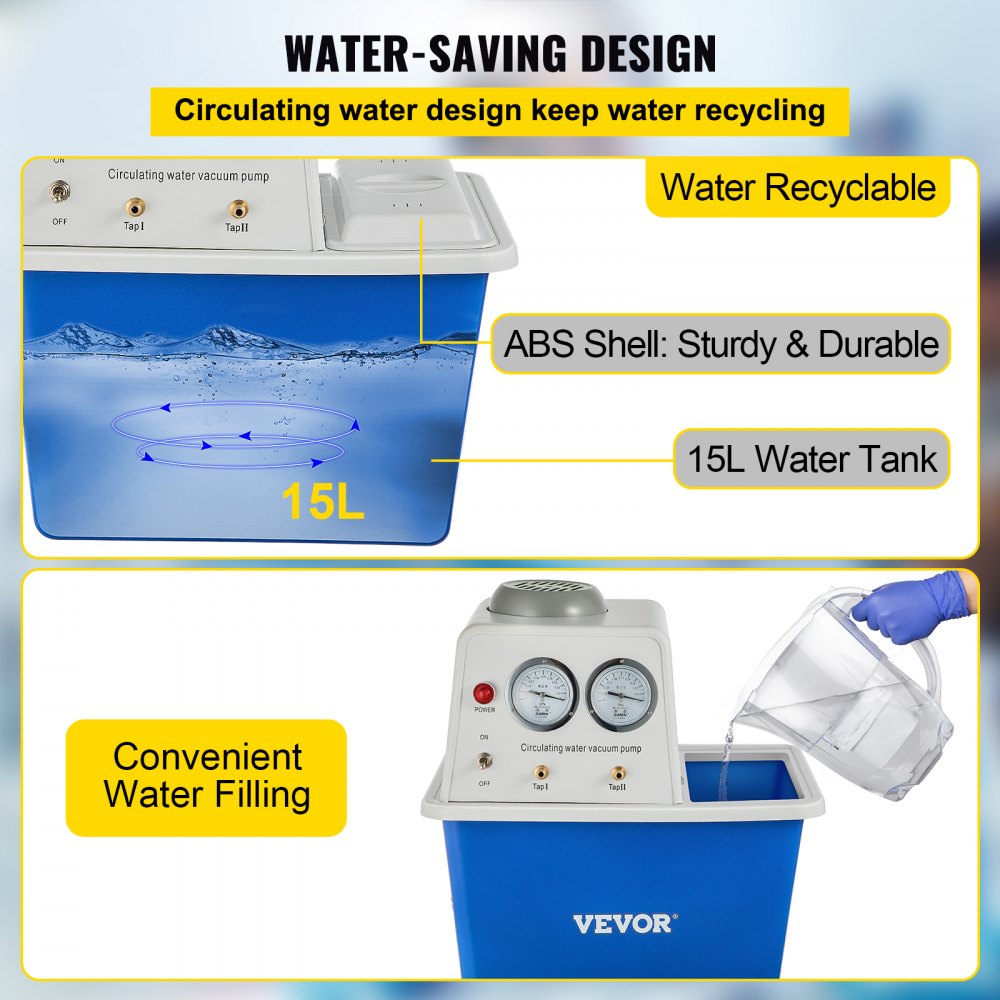 Bomba de vacío VEVOR con tanque de agua de 15 l, carcasa de ABS duradera y cómodo llenado de agua.