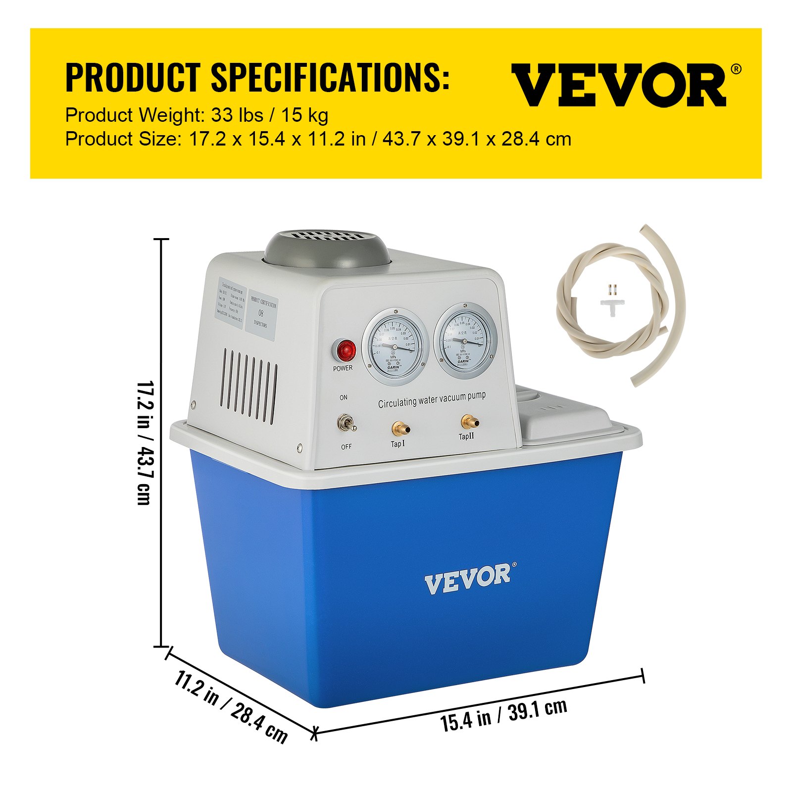 Bomba de vacío VEVOR con especificaciones y dimensiones mostradas sobre un fondo amarillo.