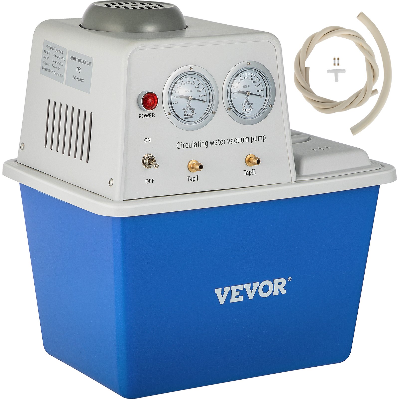 Bomba de vacío VEVOR con base azul, manómetros dobles y conexión de manguera.