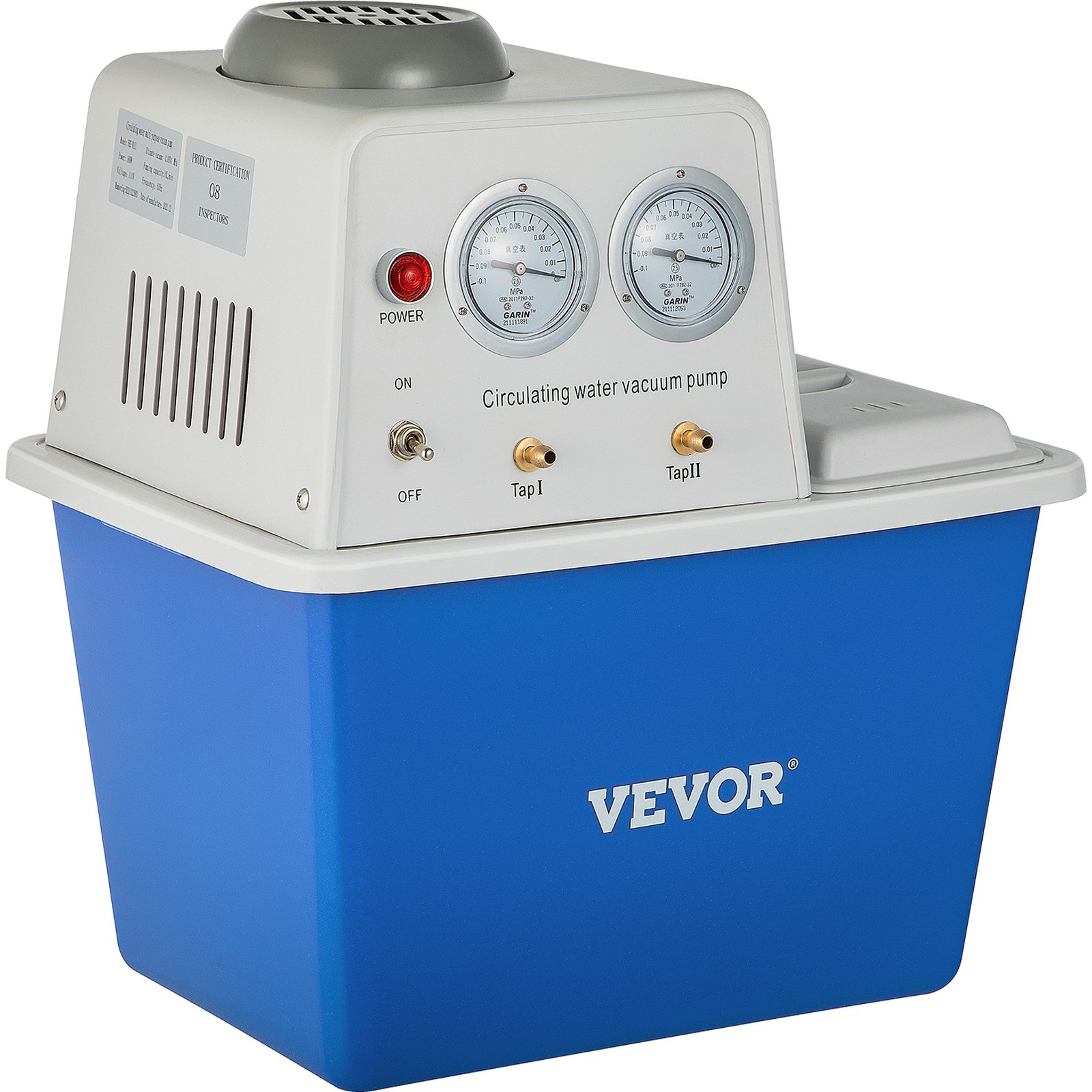 Bomba de vacío VEVOR con manómetros, interruptores y recipiente de agua azul.