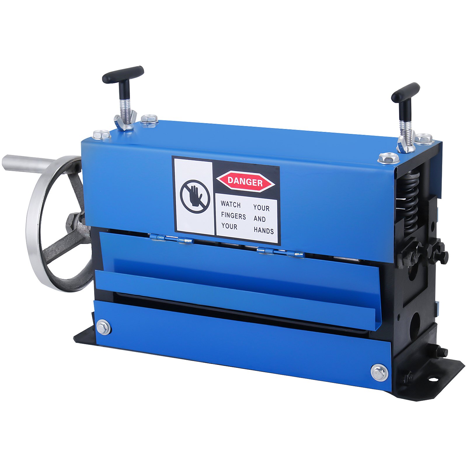Máquina peladora de cables VEVOR azul con etiqueta de advertencia de seguridad.