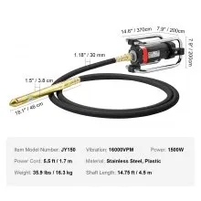 VEVOR Vibrador de hormigón eléctrico, 1300 W 16000 VPM, herramienta vibratoria de hormigón de mano con motor de cobre de 2 HP, vibrador de cemento de lápiz portátil con eje de 14,75 pies/4,5 m, elimin