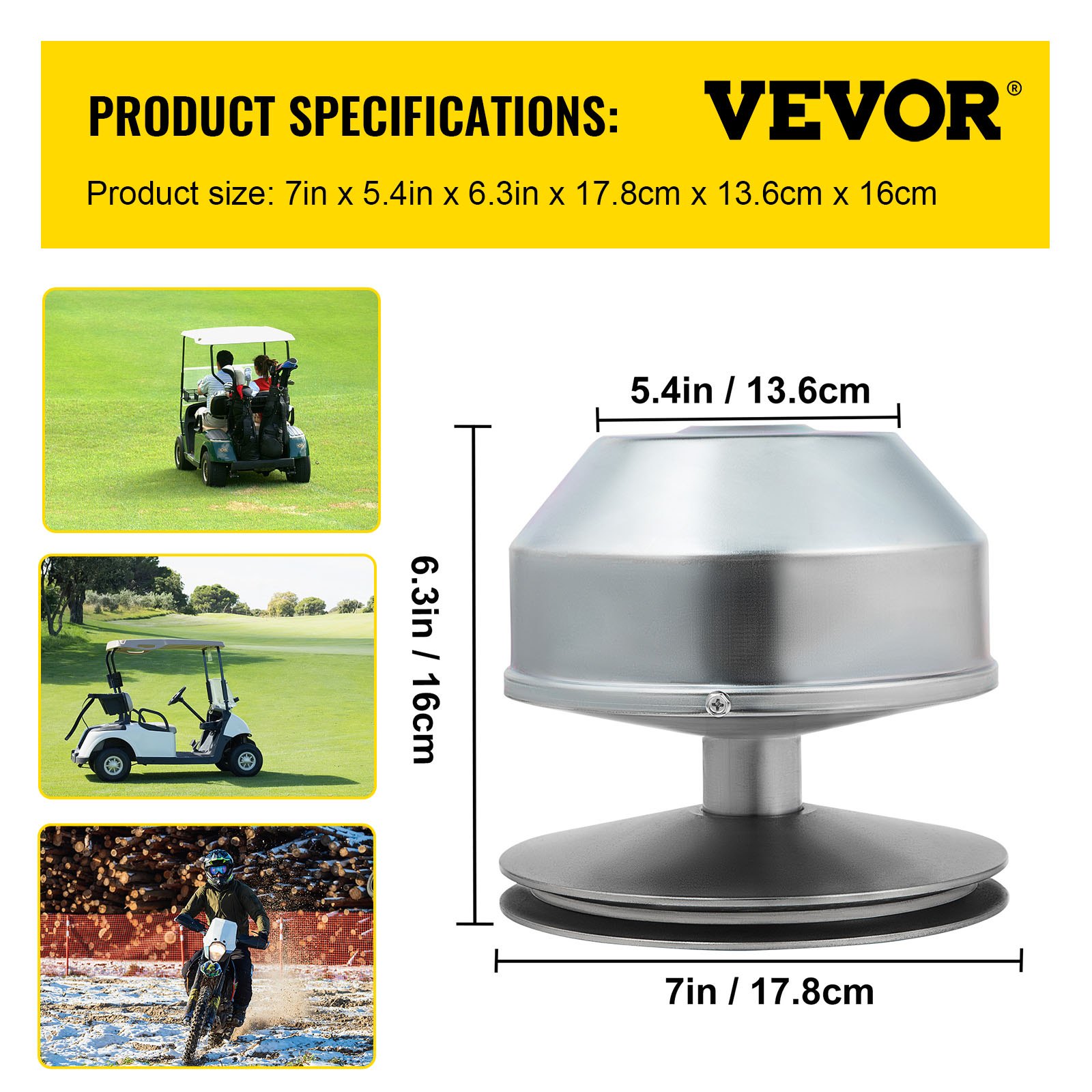 Embrague de transmisión de carrito de golf VEVOR con detalles del tamaño del producto y múltiples casos de uso.