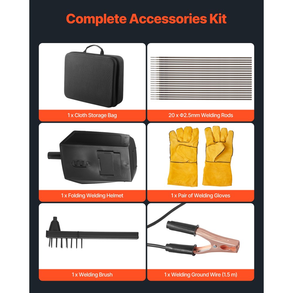 Soldadora portátil VEVOR, 20-140 A, con ajuste de corriente de 5 niveles e inversor IGBT, 110 V, con función de arranque en caliente, compatible con varillas de soldadura de 1/16" a 1/8".