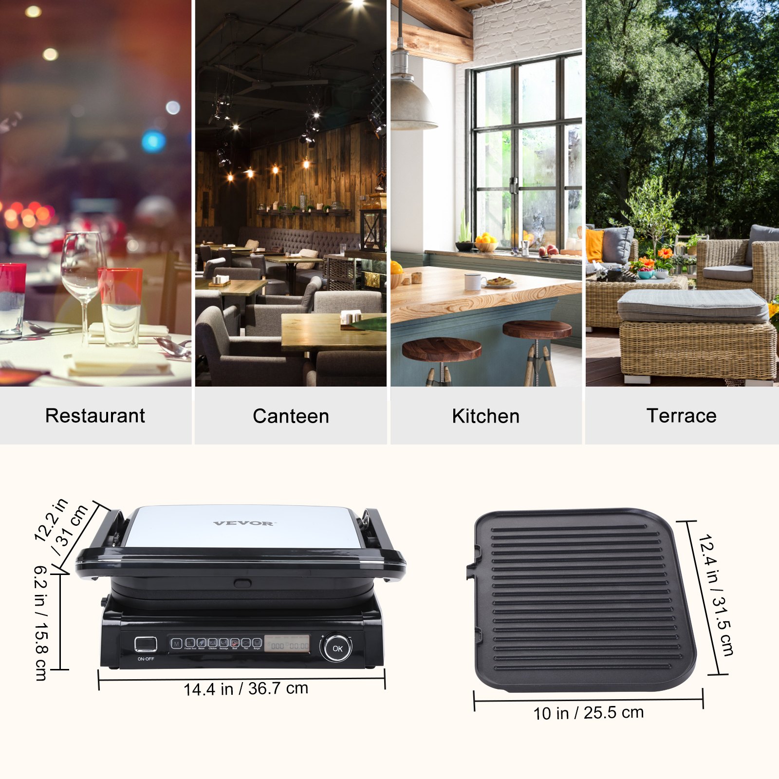 VEVOR Plancha eléctrica comercial 7 en 1, parrilla de encimera interior de 14,4" 1800 W, parrilla Teppanyaki de restaurante de acero inoxidable con placa de cocción de hierro antiadherente, control de temperatura ajustable de 0-446 ℉ 110 V