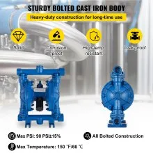 Bomba neumática de doble diafragma VEVOR, entrada y salida de 1/2 pulg., cuerpo de hierro fundido, 8,8 GPM y máx. 120 PSI, bomba de transferencia neumática de diafragma de nitrilo para petróleo, diésel, aceite y fluidos de baja viscosidad