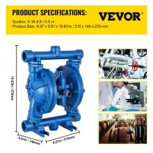 Bomba neumática de doble diafragma VEVOR, entrada y salida de 1/2 pulg., cuerpo de hierro fundido, 8,8 GPM y máx. 120 PSI, bomba de transferencia neumática de diafragma de nitrilo para petróleo, diésel, aceite y fluidos de baja viscosidad