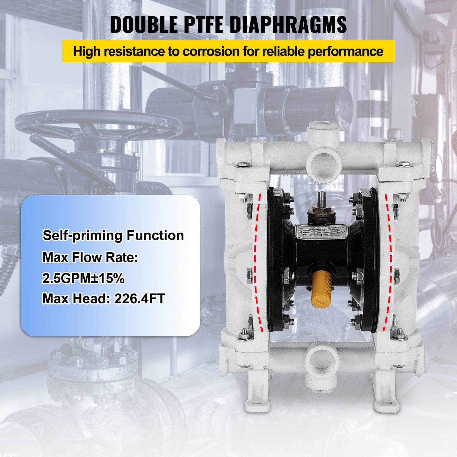 Bomba de doble diafragma neumática VEVOR con diafragmas dobles de PTFE resistentes a la corrosión.