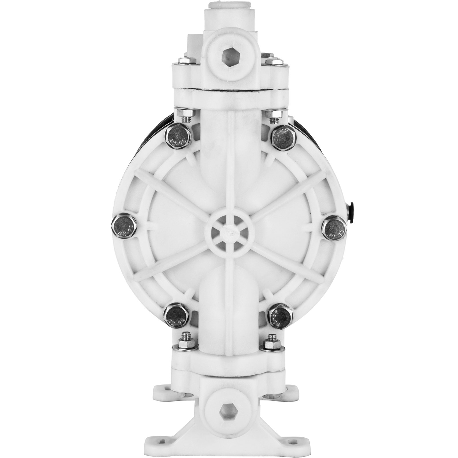 Vista frontal de la bomba de doble diafragma neumática VEVOR en color blanco con pernos de metal