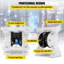 Bomba neumática de doble diafragma VEVOR, entrada y salida de 1/2 pulg., cuerpo de polipropileno, 8,8 GPM y máx. 120 PSI, bomba de transferencia neumática de diafragma de PTFE para petróleo, diésel, aceite y fluidos de baja viscosidad