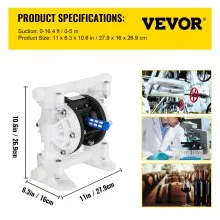Bomba neumática de doble diafragma VEVOR, entrada y salida de 1/2 pulg., cuerpo de polipropileno, 8,8 GPM y máx. 120 PSI, bomba de transferencia neumática de diafragma de PTFE para petróleo, diésel, aceite y fluidos de baja viscosidad