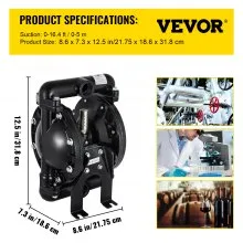Bomba de diafragma doble accionada por aire VEVOR, salida de entrada de 1 pulgada, aluminio, 35 GPM máx. 120 PSI, diafragma de nitrilo, QBY4-25L-1inch-35