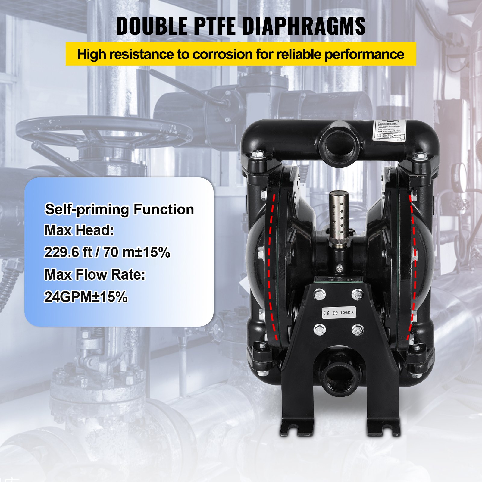 Bomba de diafragma VEVOR con diafragmas dobles de PTFE, altura máxima 70 m, caudal máximo 24 gpm.
