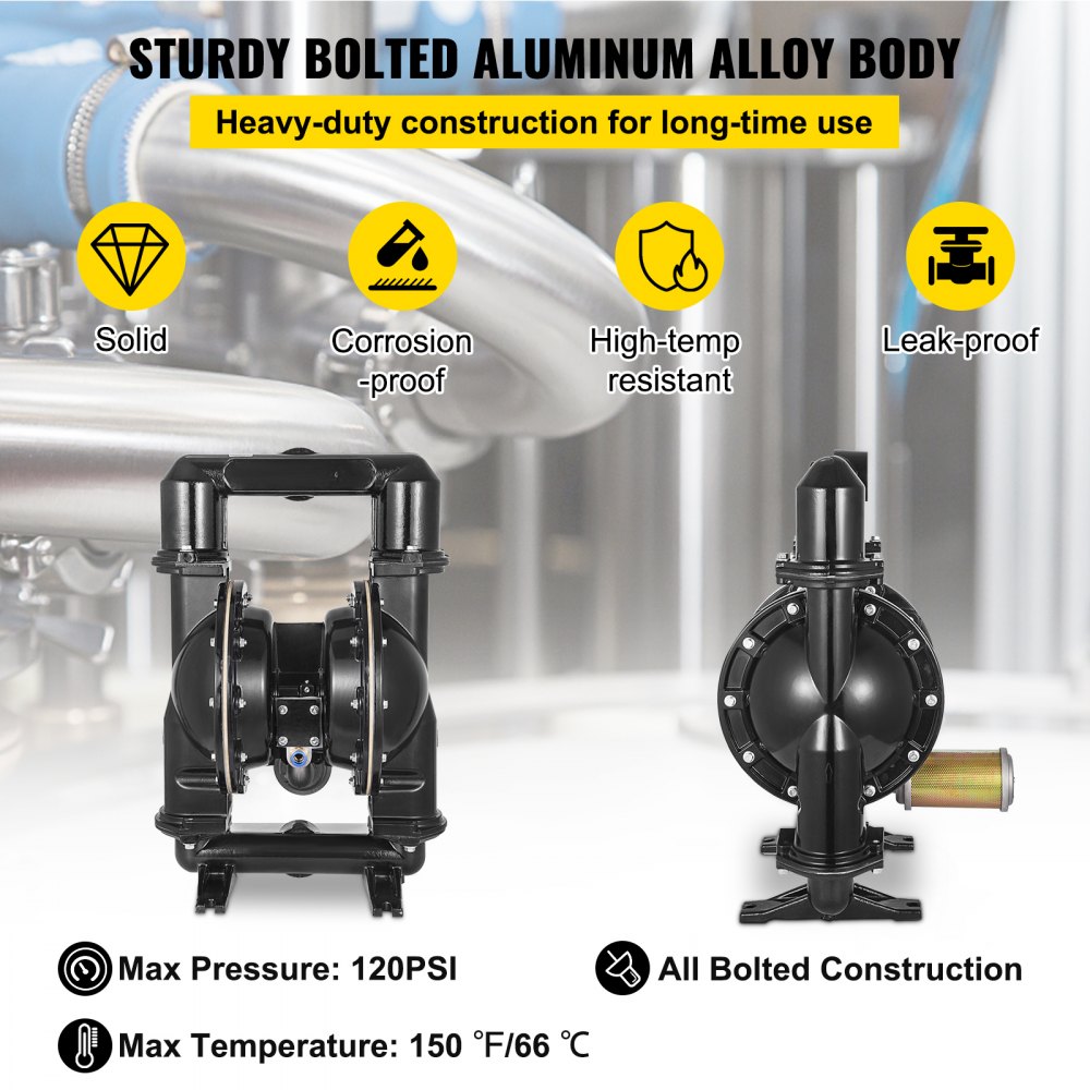 Bomba de doble diafragma VEVOR con cuerpo de aleación de aluminio, a prueba de corrosión, resistente a altas temperaturas.