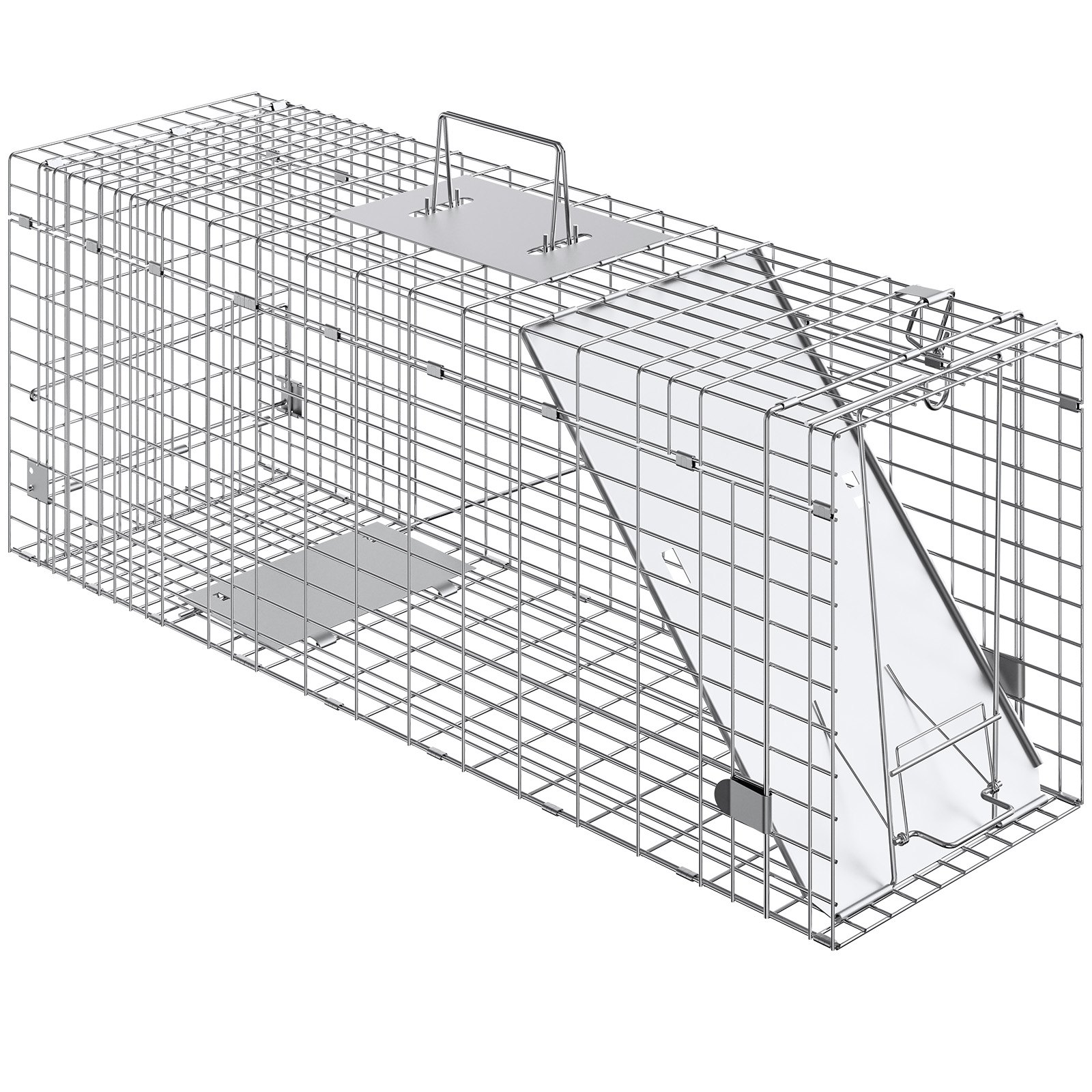 VEVOR Trampa para jaula de animales vivos, 31 x 10 x 12 pulgadas, trampa humana para gatos de hierro galvanizado, trampa plegable para animales con mango para conejos, gatos callejeros, ardillas, mapaches, marmotas y zarigüeyas