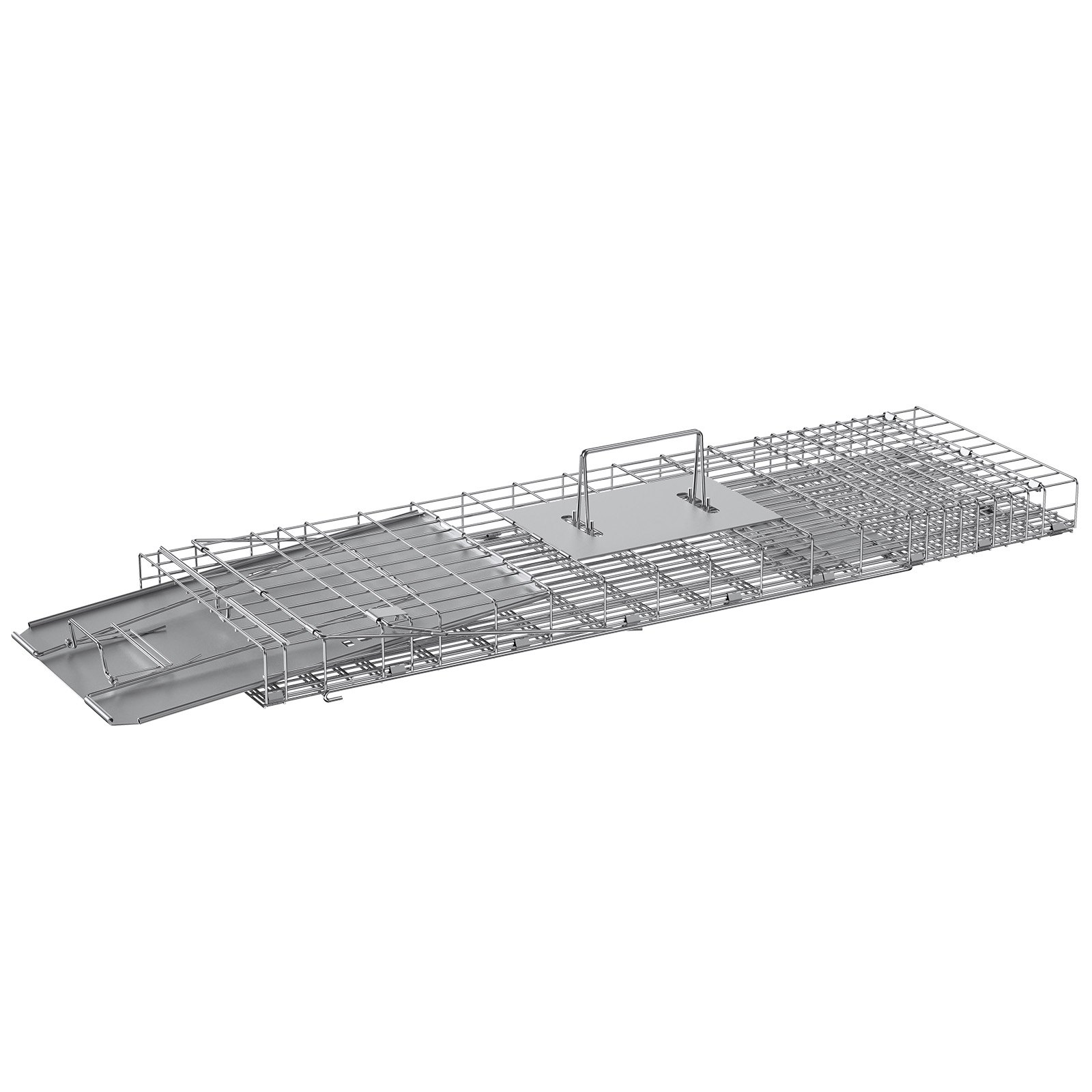VEVOR Trampa para jaula de animales vivos, 31 x 10 x 12 pulgadas, trampa humana para gatos de hierro galvanizado, trampa plegable para animales con mango para conejos, gatos callejeros, ardillas, mapaches, marmotas y zarigüeyas