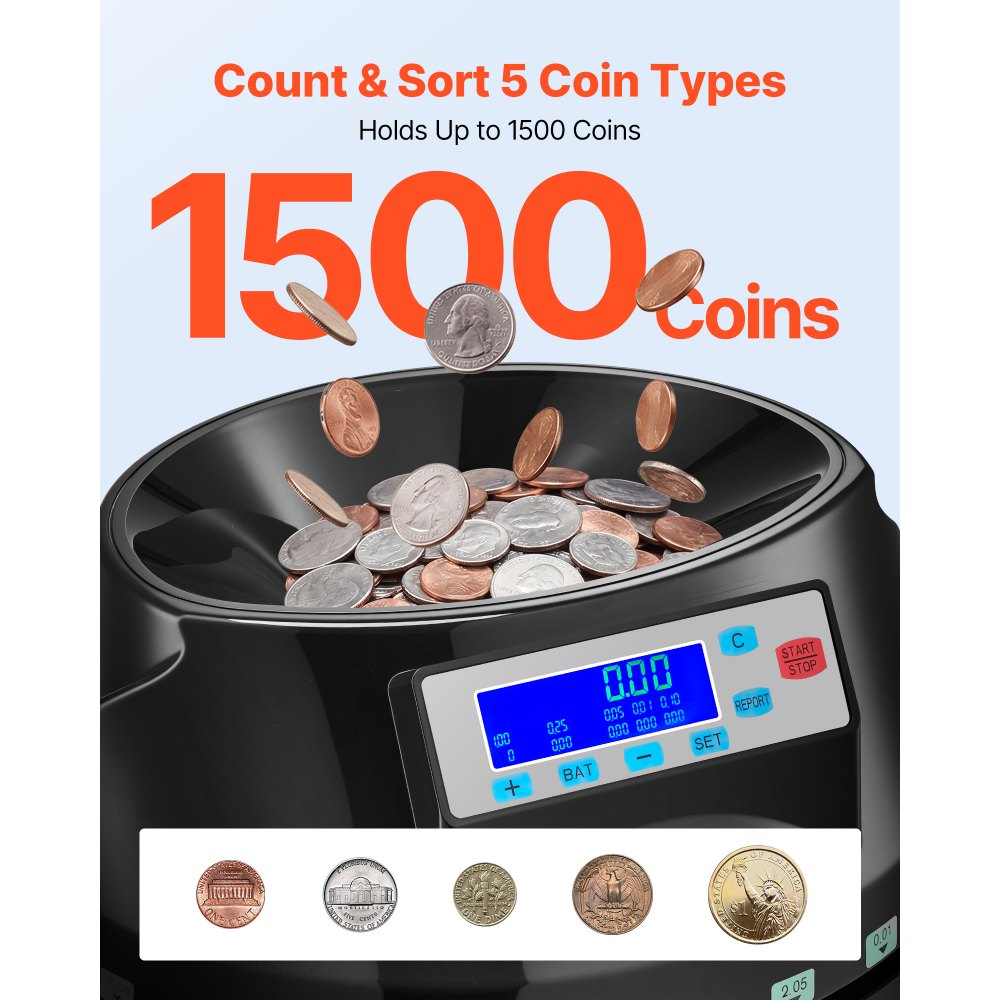 Máquina contadora de monedas VEVOR, 5 denominaciones, clasificadora de monedas precisa, clasifica hasta 225 monedas por minuto, contador de cambio de USD con pantalla LCD, funcionamiento suave.