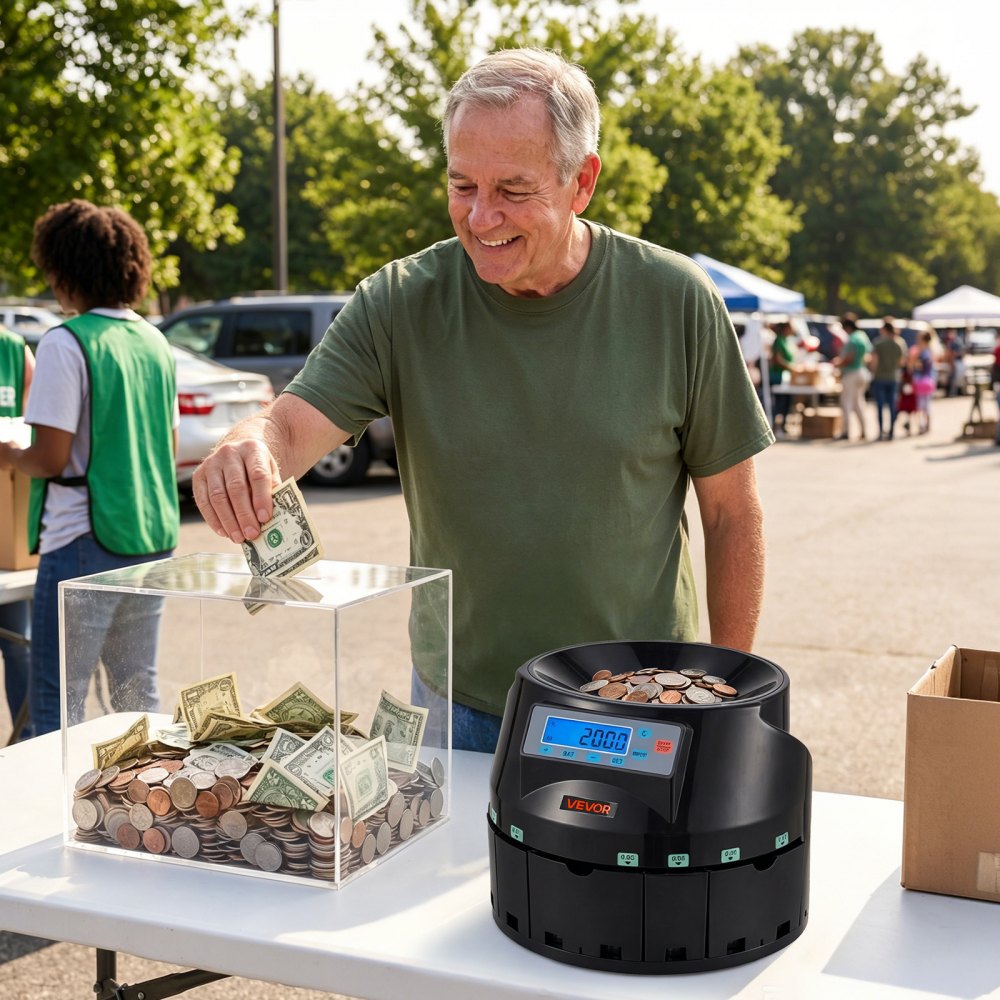 Máquina contadora de monedas VEVOR, 5 denominaciones, clasificadora de monedas precisa, clasifica hasta 225 monedas por minuto, contador de cambio de USD con pantalla LCD, funcionamiento suave.