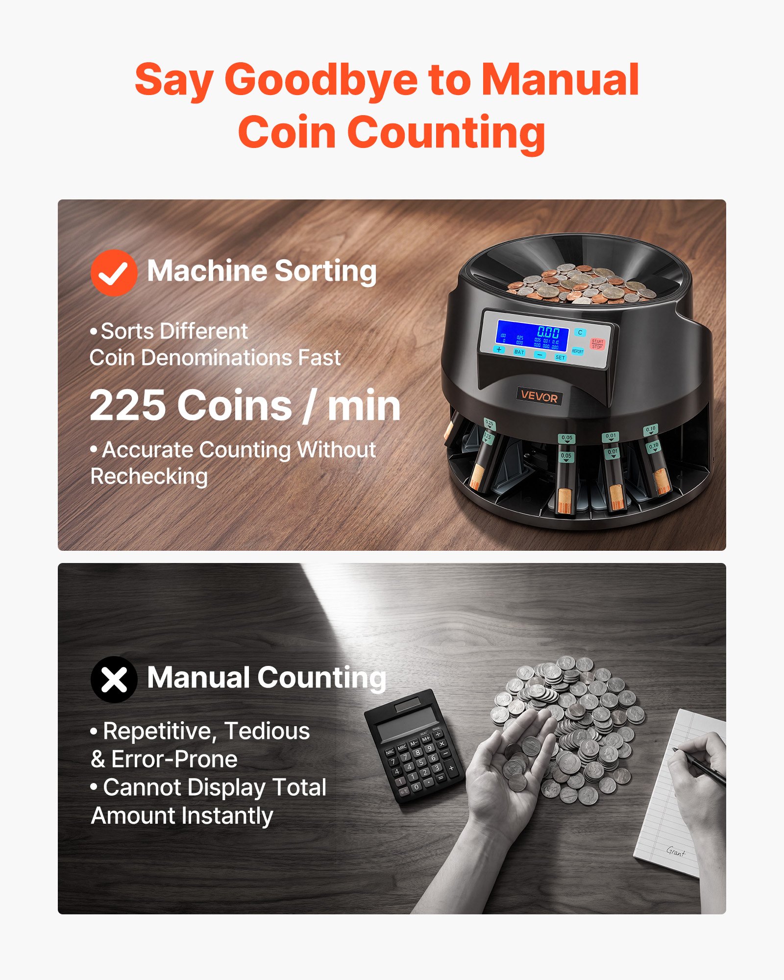 Máquina contadora de monedas VEVOR, 5 denominaciones, clasificadora de monedas precisa, clasifica hasta 225 monedas por minuto, contador de cambio de USD con pantalla LCD, funcionamiento suave.