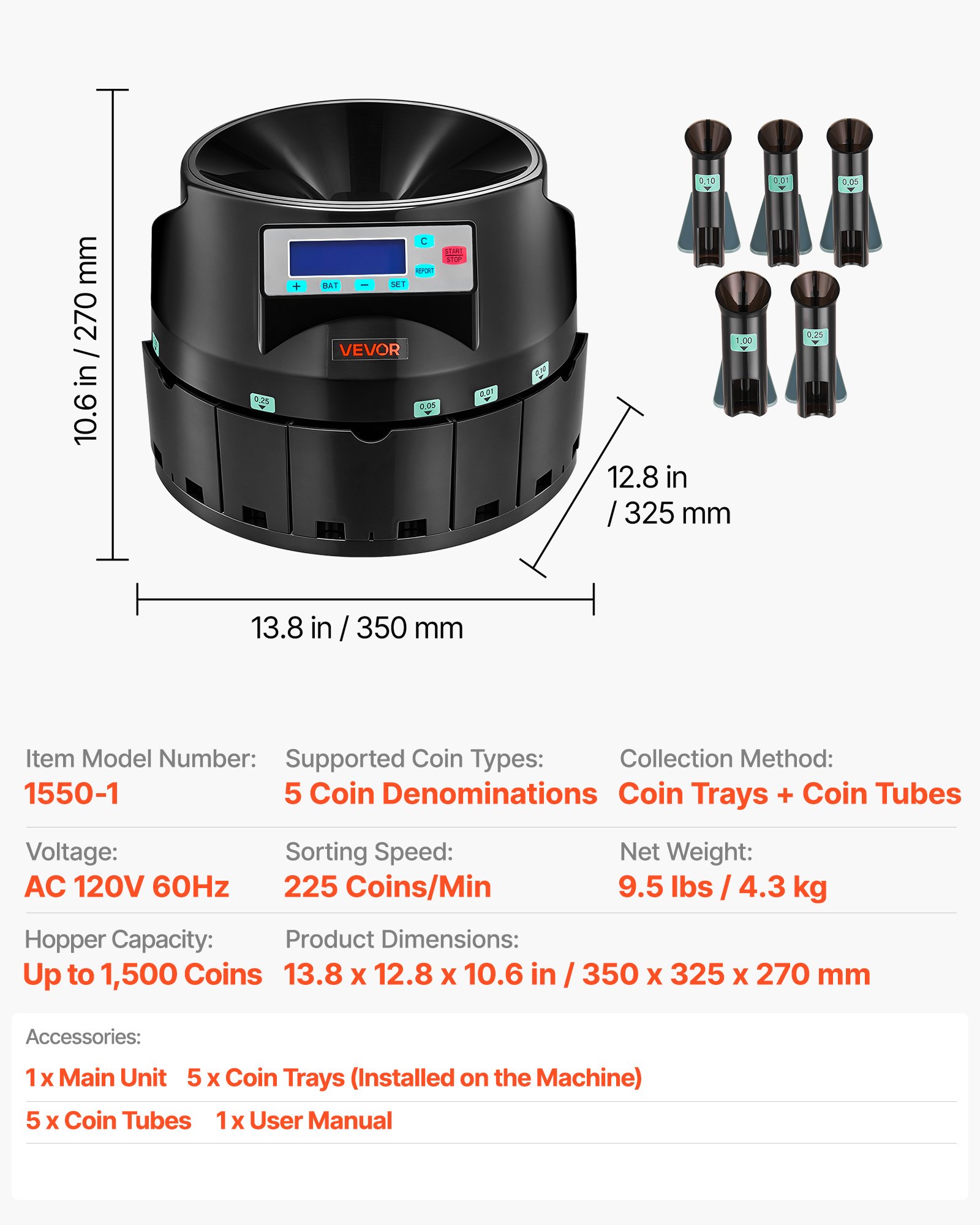 Máquina contadora de monedas VEVOR, 5 denominaciones, clasificadora de monedas precisa, clasifica hasta 225 monedas por minuto, contador de cambio de USD con pantalla LCD, funcionamiento suave.