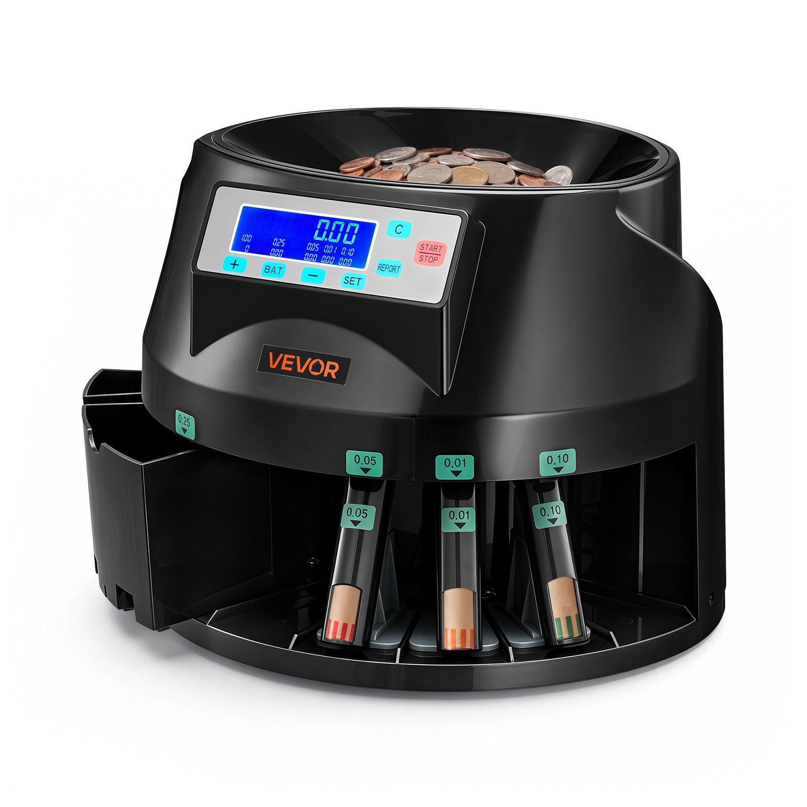 Máquina contadora de monedas VEVOR, 5 denominaciones, clasificadora de monedas precisa, clasifica hasta 225 monedas por minuto, contador de cambio de USD con pantalla LCD, funcionamiento suave.