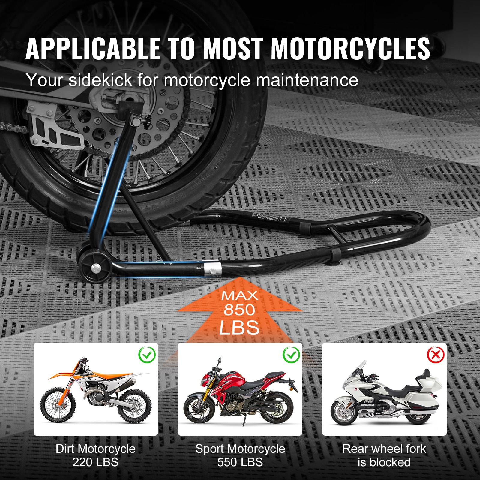 VEVOR Soporte para rueda trasera de motocicleta, con carrete basculante de horquilla U + L, capacidad de 850 libras, soporte para rueda trasera resistente, soporte para gato elevador de motocicleta, p