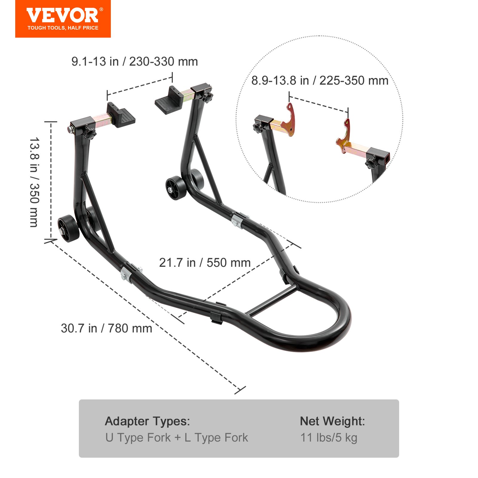 VEVOR Soporte para rueda trasera de motocicleta, con carrete basculante de horquilla U + L, capacidad de 850 libras, soporte para rueda trasera resistente, soporte para gato elevador de motocicleta, p