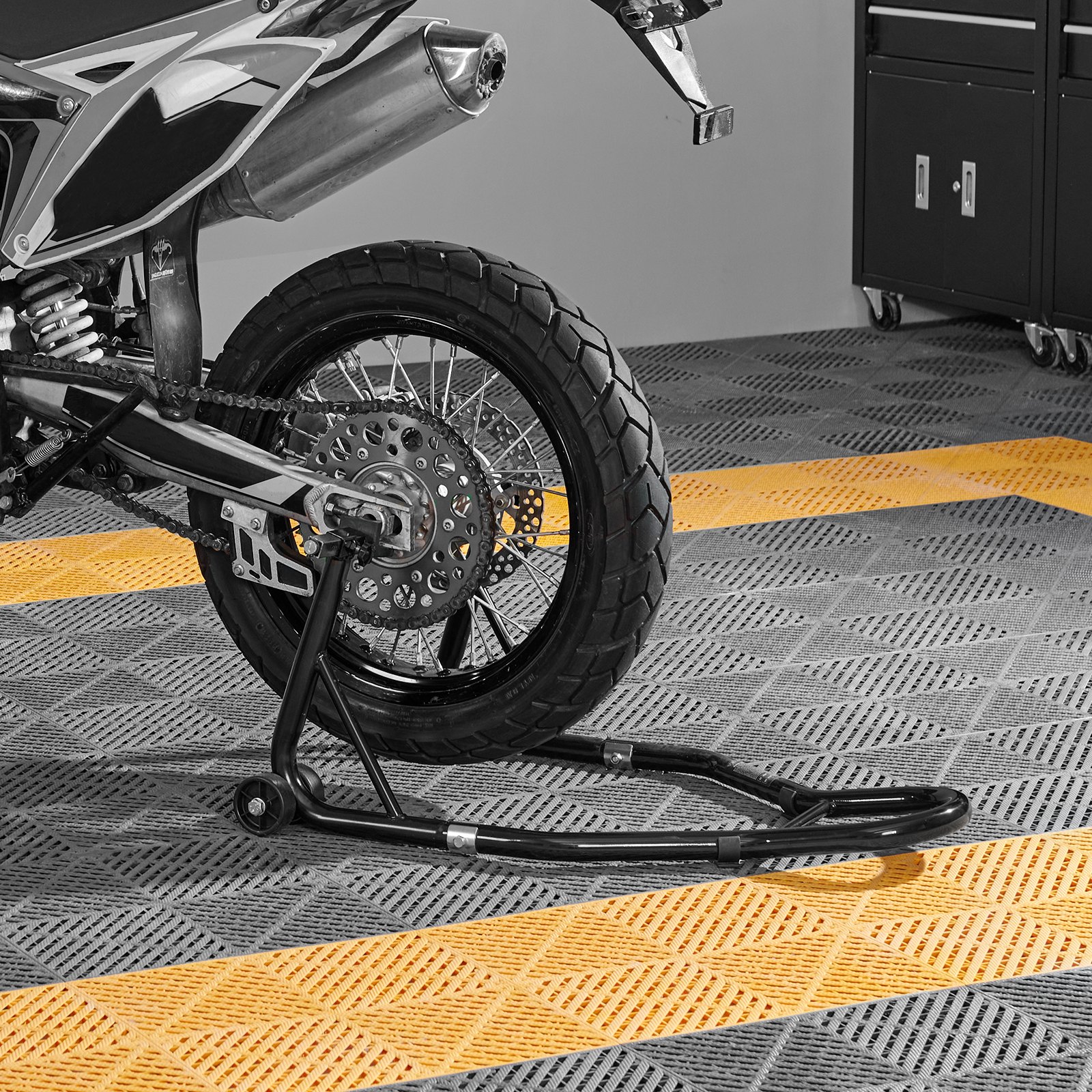 VEVOR Soporte para rueda trasera de motocicleta, con carrete basculante de horquilla U + L, capacidad de 850 libras, soporte para rueda trasera resistente, soporte para gato elevador de motocicleta, p