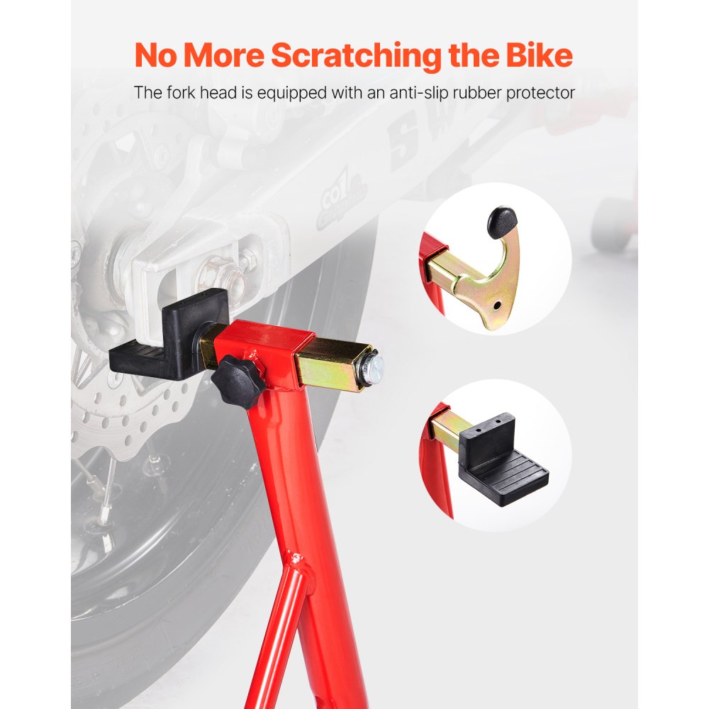 VEVOR Soporte para rueda trasera de motocicleta, capacidad de carga de 850 lb, soporte resistente para rueda trasera con carrete basculante de horquilla U + L, soporte de gato elevador ajustable para motocicleta, para Suzuki, Yamaha, Honda, Kawasaki, rojo