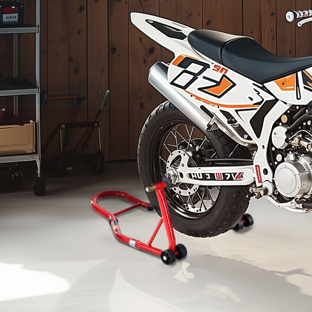 VEVOR Soporte para rueda trasera de motocicleta, capacidad de carga de 850 lb, soporte resistente para rueda trasera con carrete basculante de horquilla U + L, soporte de gato elevador ajustable para motocicleta, para Suzuki, Yamaha, Honda, Kawasaki, rojo