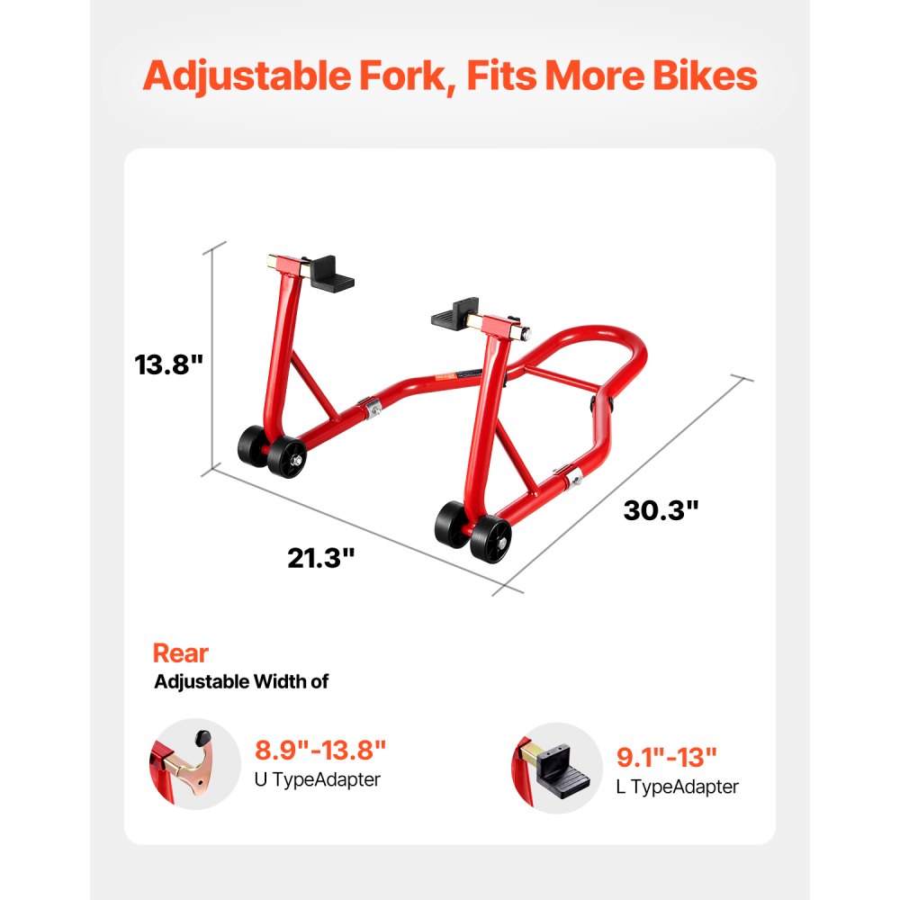 VEVOR Soporte para rueda trasera de motocicleta, capacidad de carga de 850 lb, soporte resistente para rueda trasera con carrete basculante de horquilla U + L, soporte de gato elevador ajustable para motocicleta, para Suzuki, Yamaha, Honda, Kawasaki, rojo