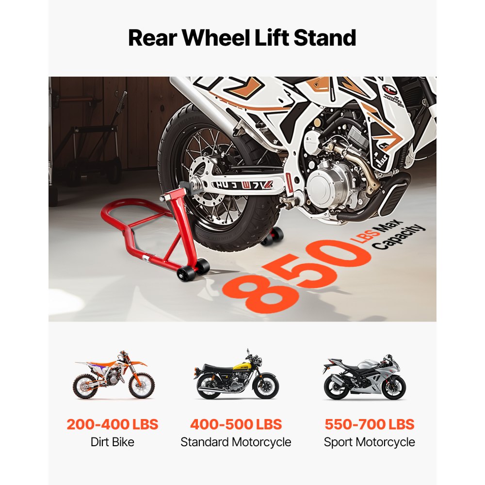 VEVOR Soporte para rueda trasera de motocicleta, capacidad de carga de 850 lb, soporte resistente para rueda trasera con carrete basculante de horquilla U + L, soporte de gato elevador ajustable para motocicleta, para Suzuki, Yamaha, Honda, Kawasaki, rojo