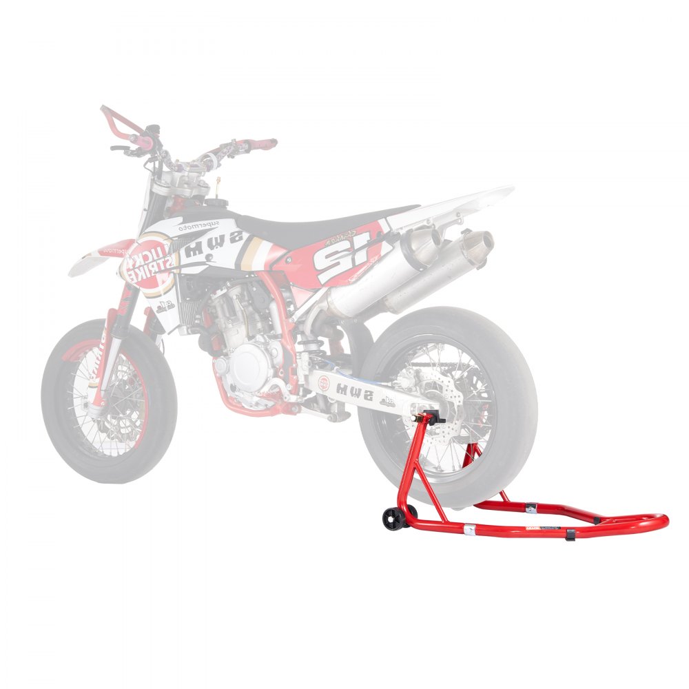 VEVOR Soporte para rueda trasera de motocicleta, capacidad de carga de 850 lb, soporte resistente para rueda trasera con carrete basculante de horquilla U + L, soporte de gato elevador ajustable para motocicleta, para Suzuki, Yamaha, Honda, Kawasaki, rojo