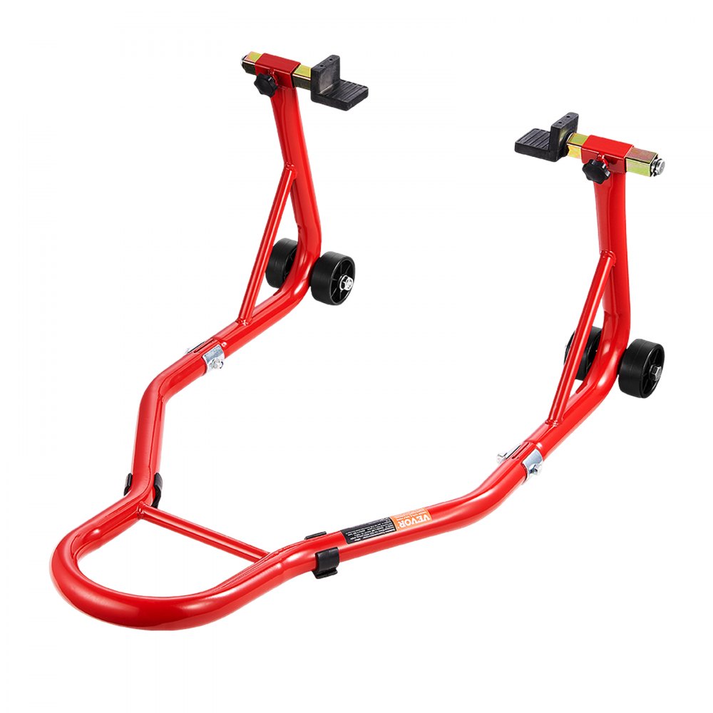 VEVOR Soporte para rueda trasera de motocicleta, capacidad de carga de 850 lb, soporte resistente para rueda trasera con carrete basculante de horquilla U + L, soporte de gato elevador ajustable para motocicleta, para Suzuki, Yamaha, Honda, Kawasaki, rojo
