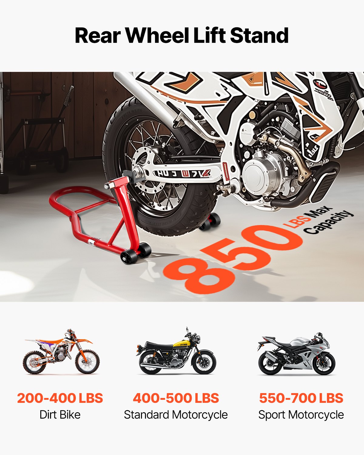 VEVOR Soporte para rueda trasera de motocicleta, capacidad de carga de 850 lb, soporte resistente para rueda trasera con carrete basculante de horquilla U + L, soporte de gato elevador ajustable para motocicleta, para Suzuki, Yamaha, Honda, Kawasaki, rojo