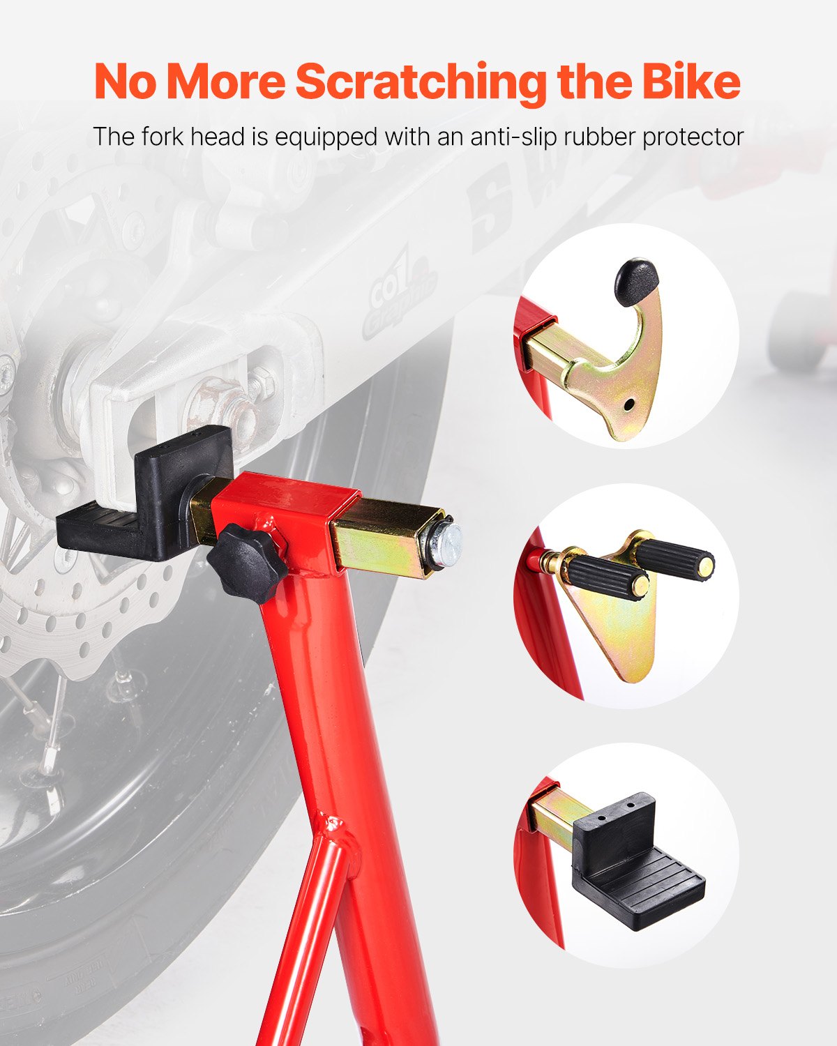 VEVOR - Elevador de caballete para motocicleta, capacidad de 850 lb, combinado delantero y trasero, soporte de doble horquilla para rueda delantera, soporte de carrete basculante con horquilla trasera U+L, compatible con la mayoría de motocicletas Yamaha, Honda, Kawasaki y Suzuki, color rojo