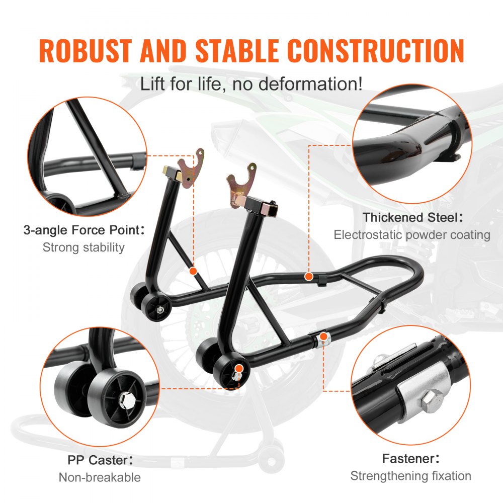 VEVOR Soporte elevador para motocicleta, soporte combinado delantero trasero de 850 libras, soporte para horquilla de rueda delantera y trasera, carrete de brazo basculante de horquilla U+L, compatibl