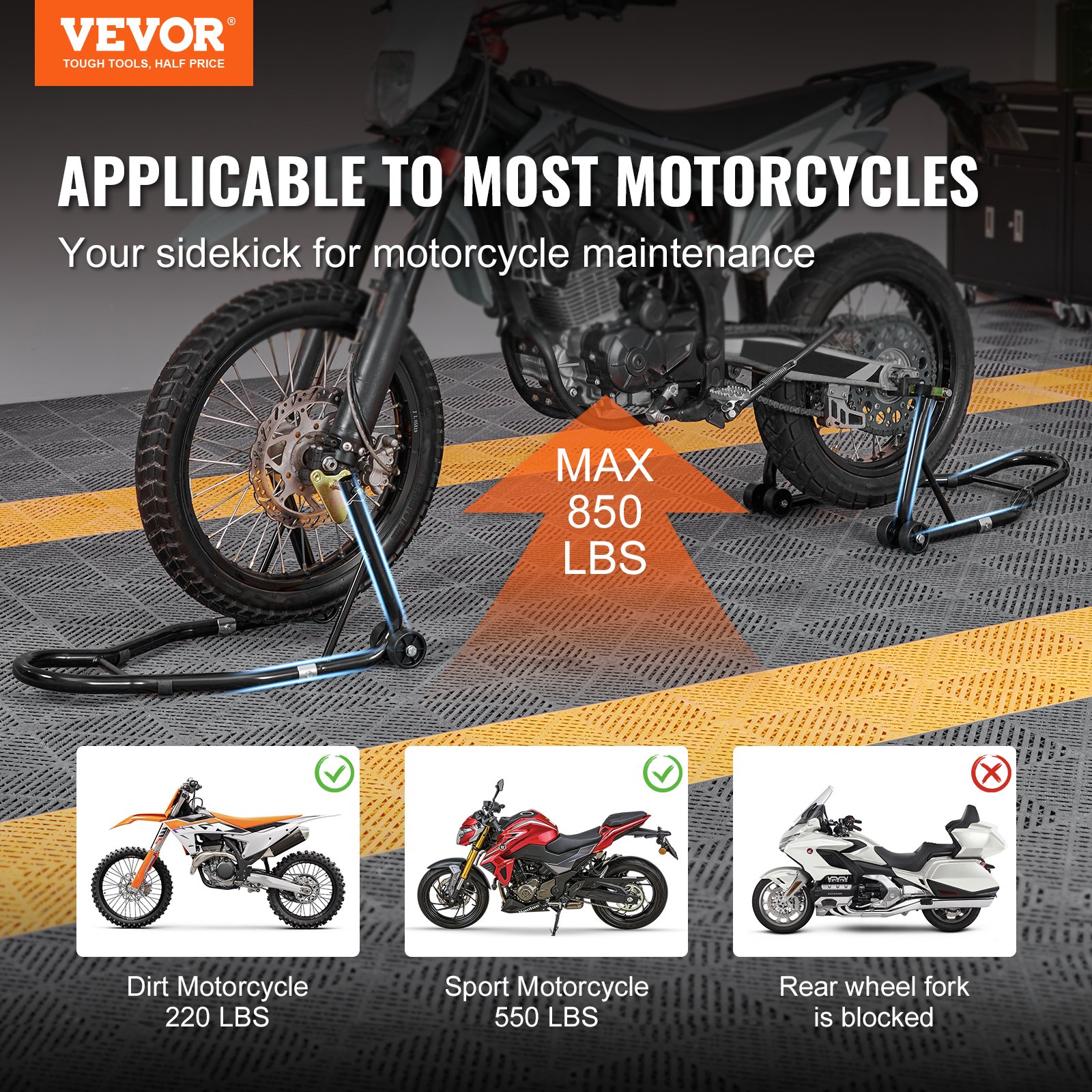 VEVOR Soporte elevador para motocicleta, soporte combinado delantero trasero de 850 libras, soporte para horquilla de rueda delantera y trasera, carrete de brazo basculante de horquilla U+L, compatibl