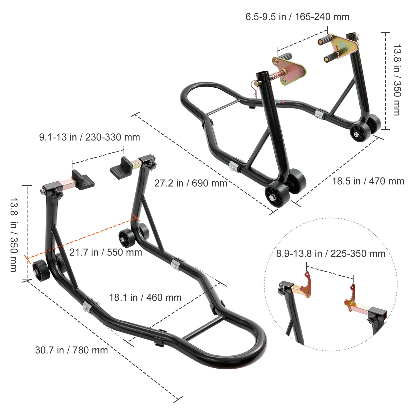VEVOR Soporte elevador para motocicleta, soporte combinado delantero trasero de 850 libras, soporte para horquilla de rueda delantera y trasera, carrete de brazo basculante de horquilla U+L, compatibl
