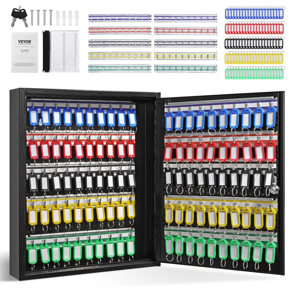 Armario para llaves VEVOR con ranuras numeradas y etiquetas de llaves de colores, llaves adicionales y hardware de montaje.