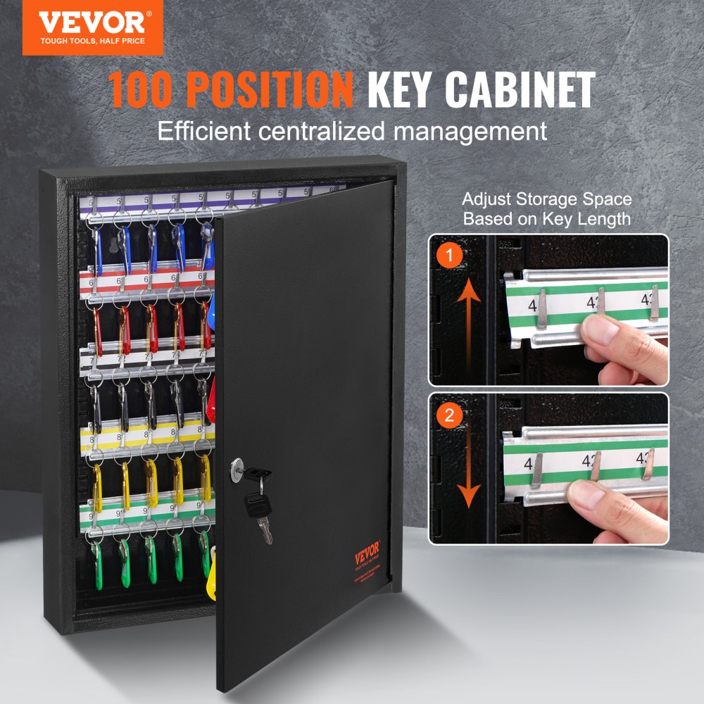 VEVOR - Armario para 100 llaves, caja de seguridad con cerradura y estantes ajustables, organizador de llaves de acero con 100 etiquetas de colores y 2 tarjetas de registro para escuela, oficina y hotel.