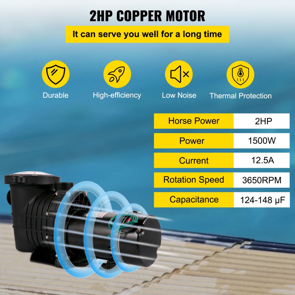 VEVOR Bomba de piscina 2.0HP 110V, Potente bomba autocebante 1500W 6657GPH, Bomba de piscina para interior/sobre el suelo, Bomba de filtro de velocidad única con cesta coladora, Bomba de piscina de alto flujo probada según los estándares
