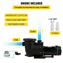 VEVOR Bomba de Piscina 1500 W Bomba para Piscinas 6657 GPH Bomba Depuradora Piscina 110 V Bomba de Filtro para Piscinas 3650 RPM Bomba de Circulación para Piscina Protección de Sobrecarga Térmica