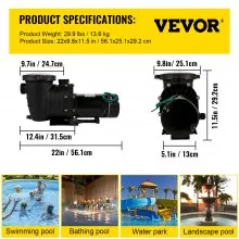 VEVOR Bomba de Piscina 1500 W Bomba para Piscinas 6657 GPH Bomba Depuradora Piscina 110 V Bomba de Filtro para Piscinas 3650 RPM Bomba de Circulación para Piscina Protección de Sobrecarga Térmica